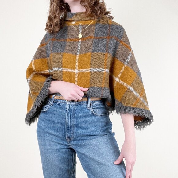 Vintage Sweaters - Vintage Wool Fringe Poncho Sweater Jacket Coat Top Plaid Fall Winter Mod 50s 60s